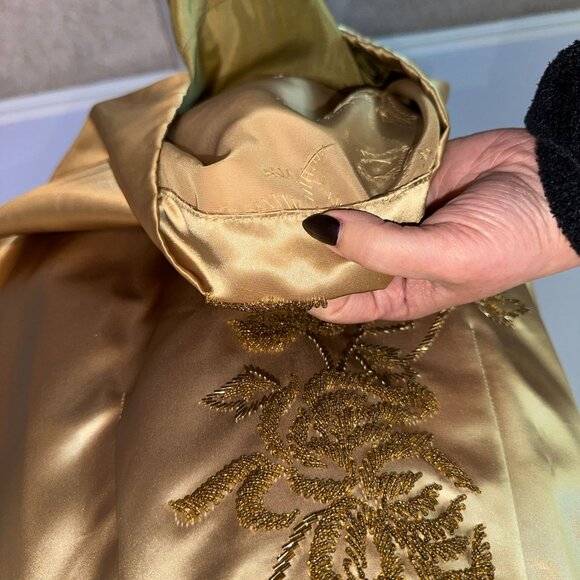 Vtg 60s Liquid Satin Gold Beaded Sleeveless Sheath Dress Silk Wiggle Size - Picture 4 of 6